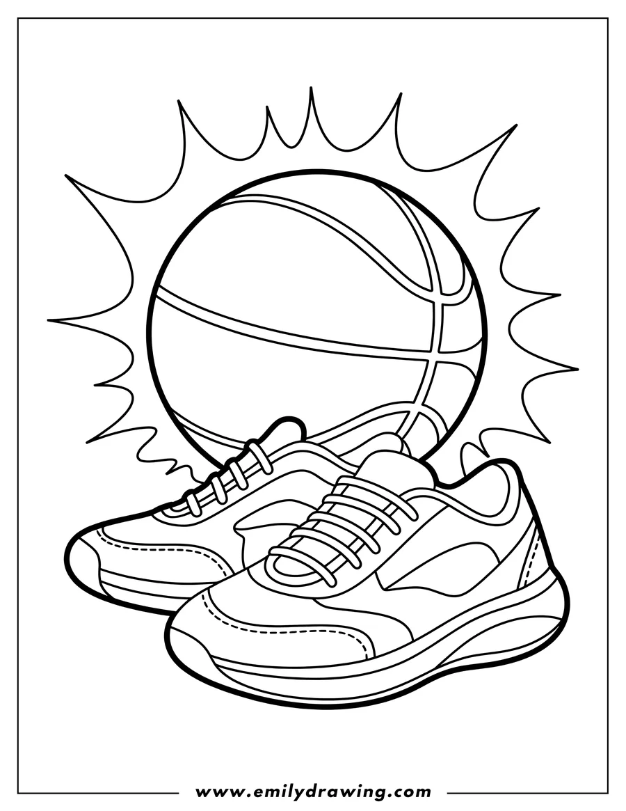Line art of a basketball and a pair of sneakers. The basketball has a radiating burst pattern behind it.