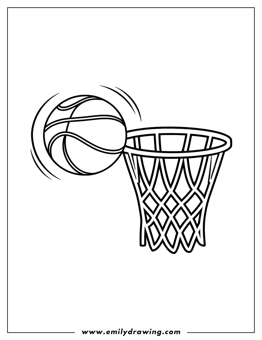 Line art of a basketball approaching a basketball hoop.