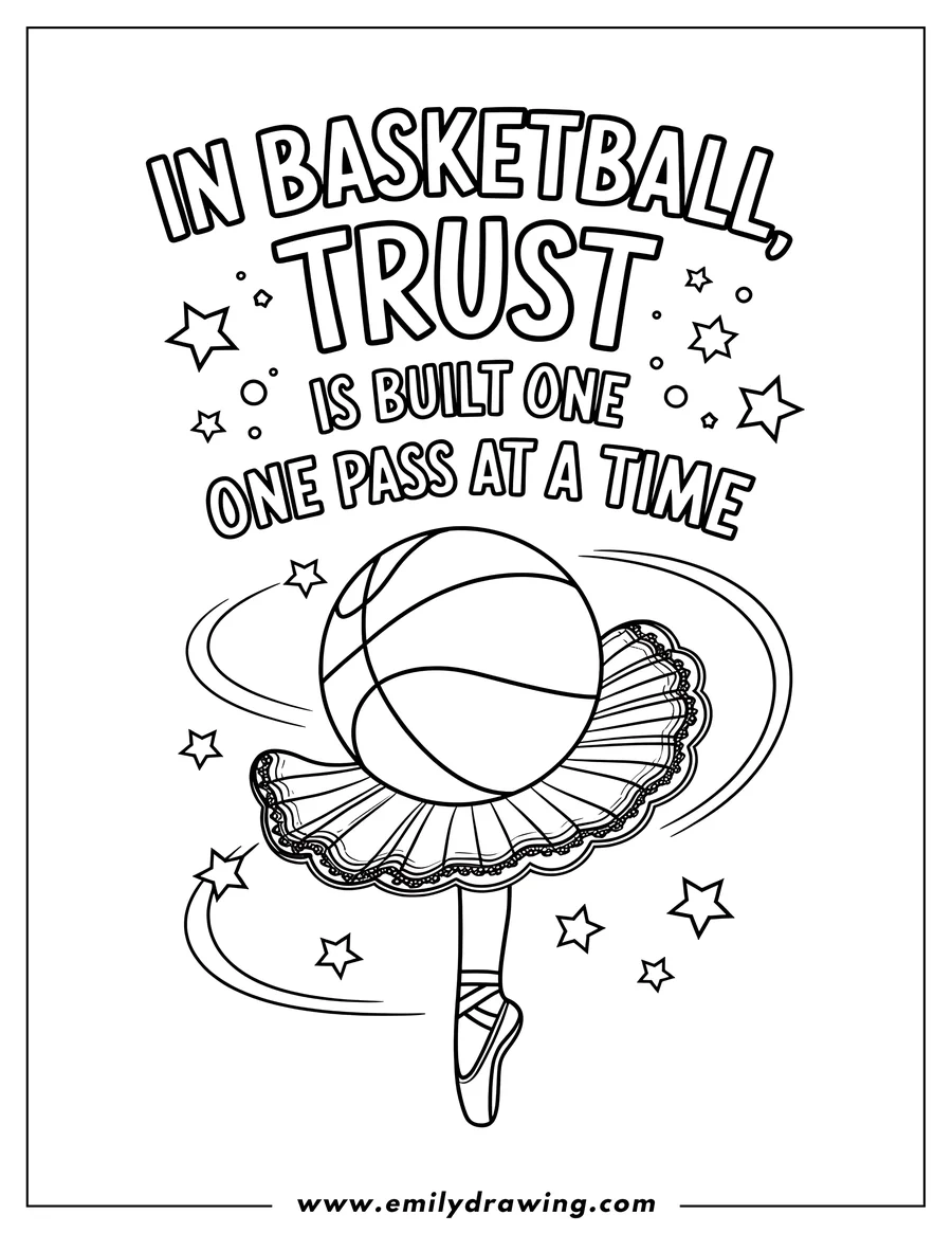 Line art of a basketball wearing a tutu and ballet shoes, twirling amidst stars. The text 