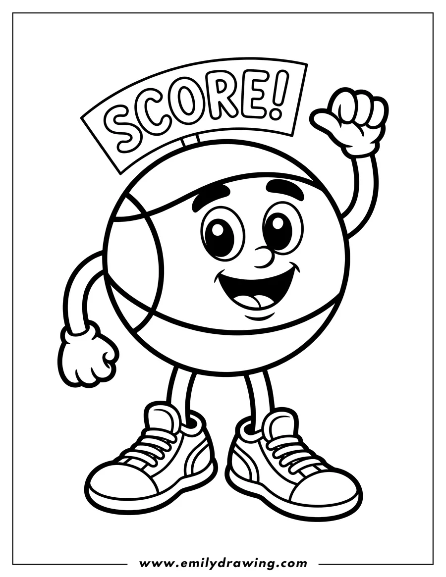 Line art of a cheerful basketball character wearing sneakers and holding a sign that says 'SCORE!'. It appears to be celebrating a point.