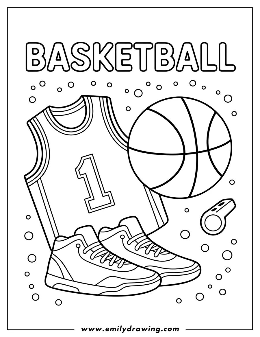 Line art of basketball gear, including a jersey, ball, shoes, and whistle.