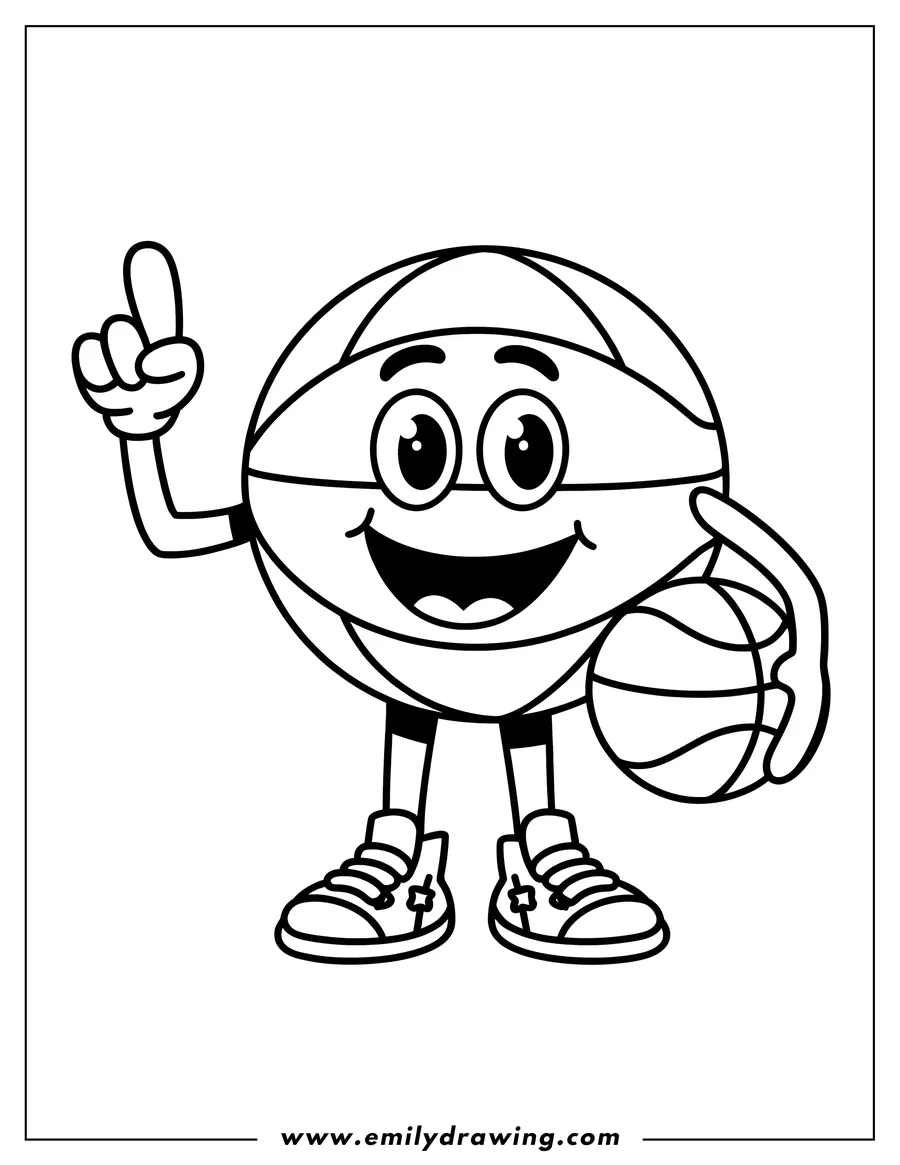 Line art of a smiling basketball character holding a basketball, wearing sneakers and pointing up.