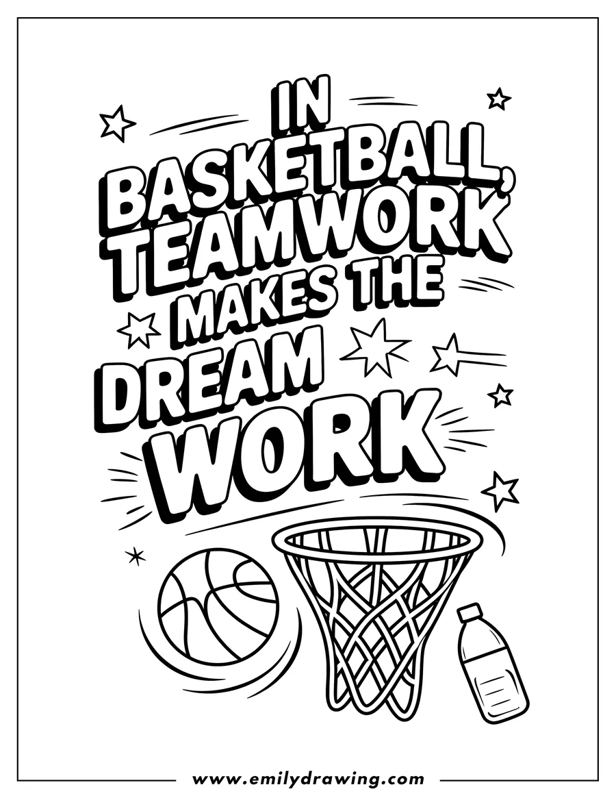 Line art of a basketball hoop with a basketball and a water bottle. The words 