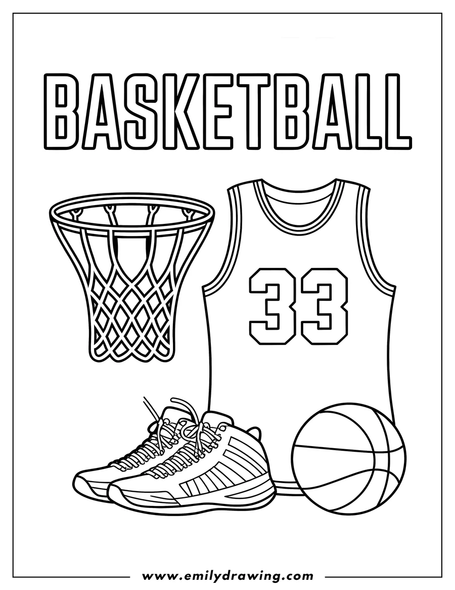 Line art of a basketball hoop, jersey number 33, basketball shoes, and a basketball.