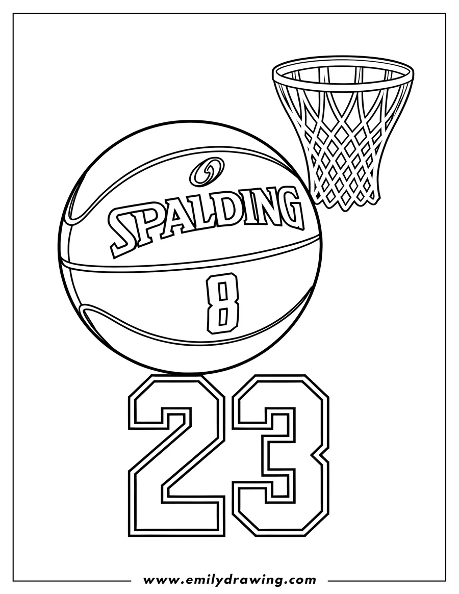 Line art of a basketball with the number 23 below it and a basketball hoop. 