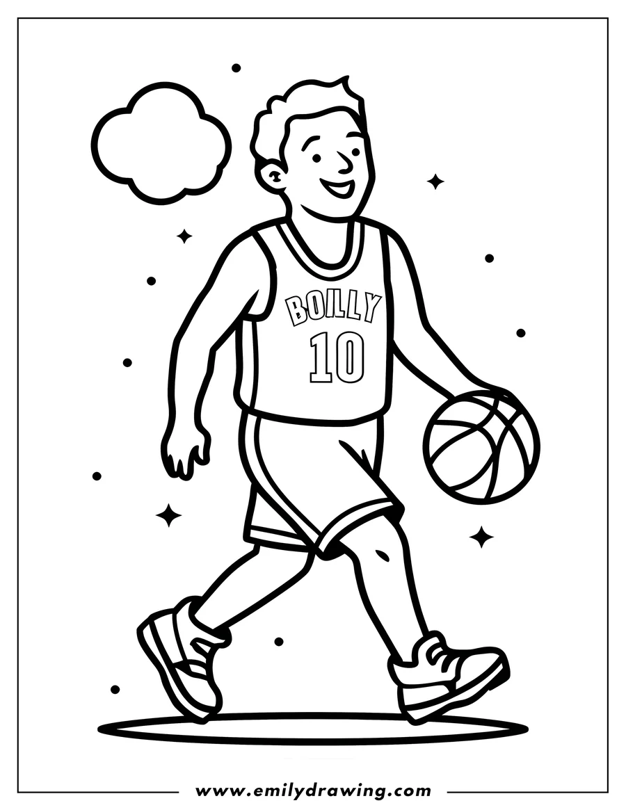 Line art of a basketball player dribbling a basketball. He's wearing a jersey with the name 