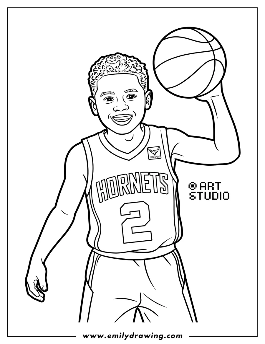Line art of a basketball player holding a basketball, ready to shoot.