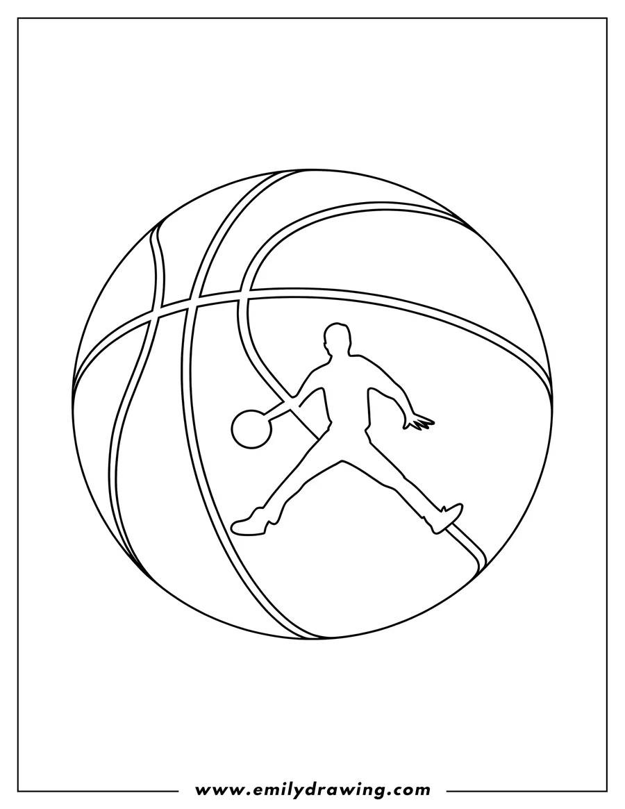 Line art of a basketball player mid-jump, holding a basketball. The player's silhouette is positioned inside a large outline of a basketball.