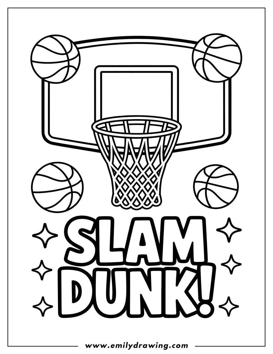 Line art of a basketball hoop with net, backboard, and several basketballs surrounding it. The words 'SLAM DUNK' are written below with decorative stars.