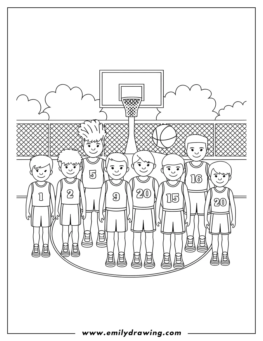 Outline of a basketball team standing on the court, ready to play. They have jerseys and sneakers, and a basketball hoop is visible in the background.
