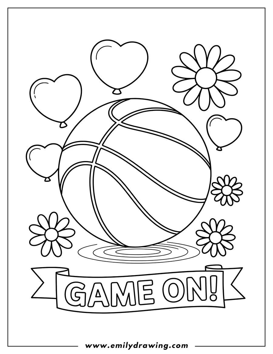 Line art of a basketball with heart-shaped balloons, flowers, and a banner that reads 