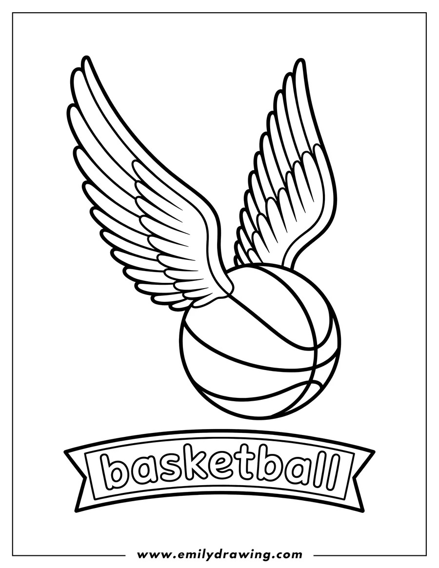 Line art of a basketball with wings, ready to take flight. The word 