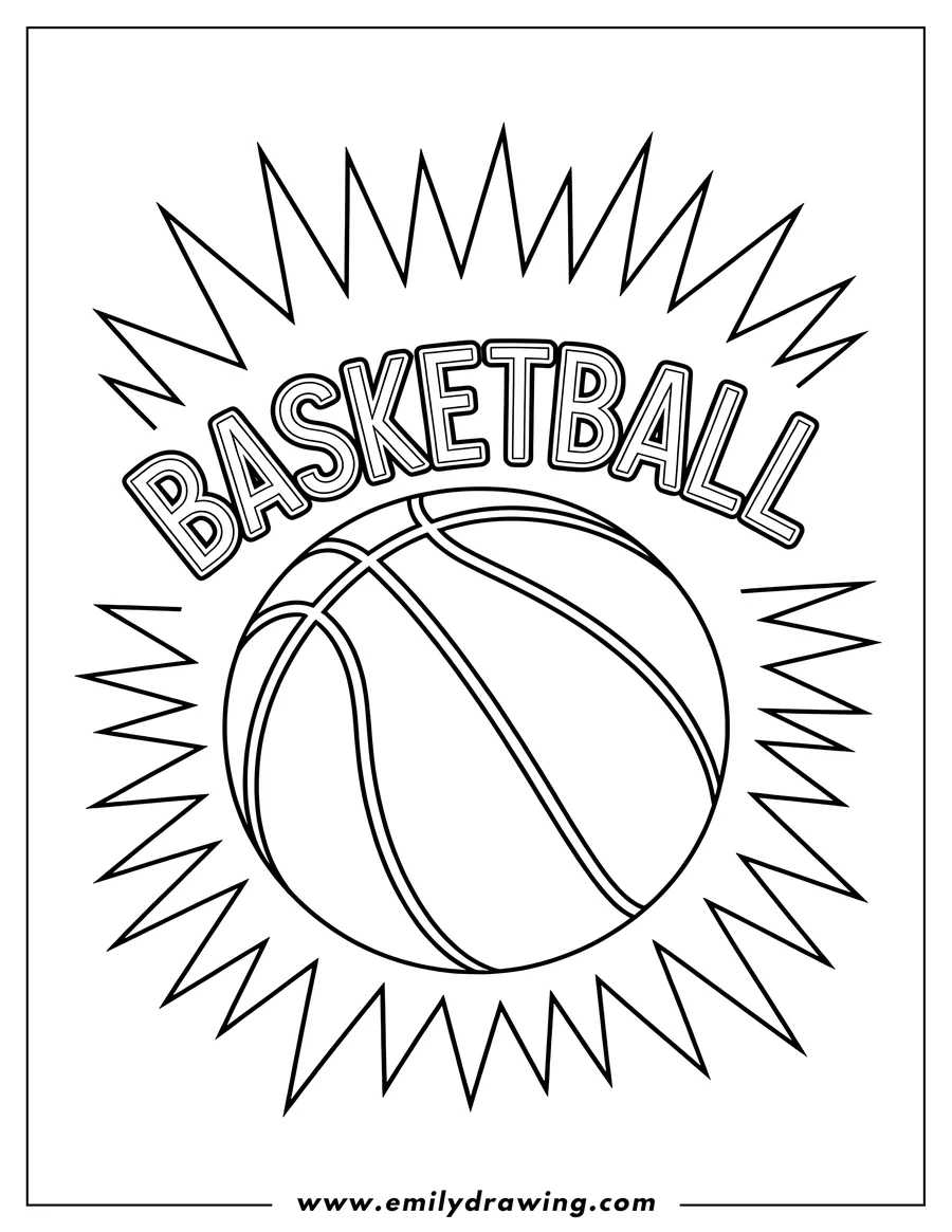 Line art of a basketball with a zigzag border. Perfect for sports fans.