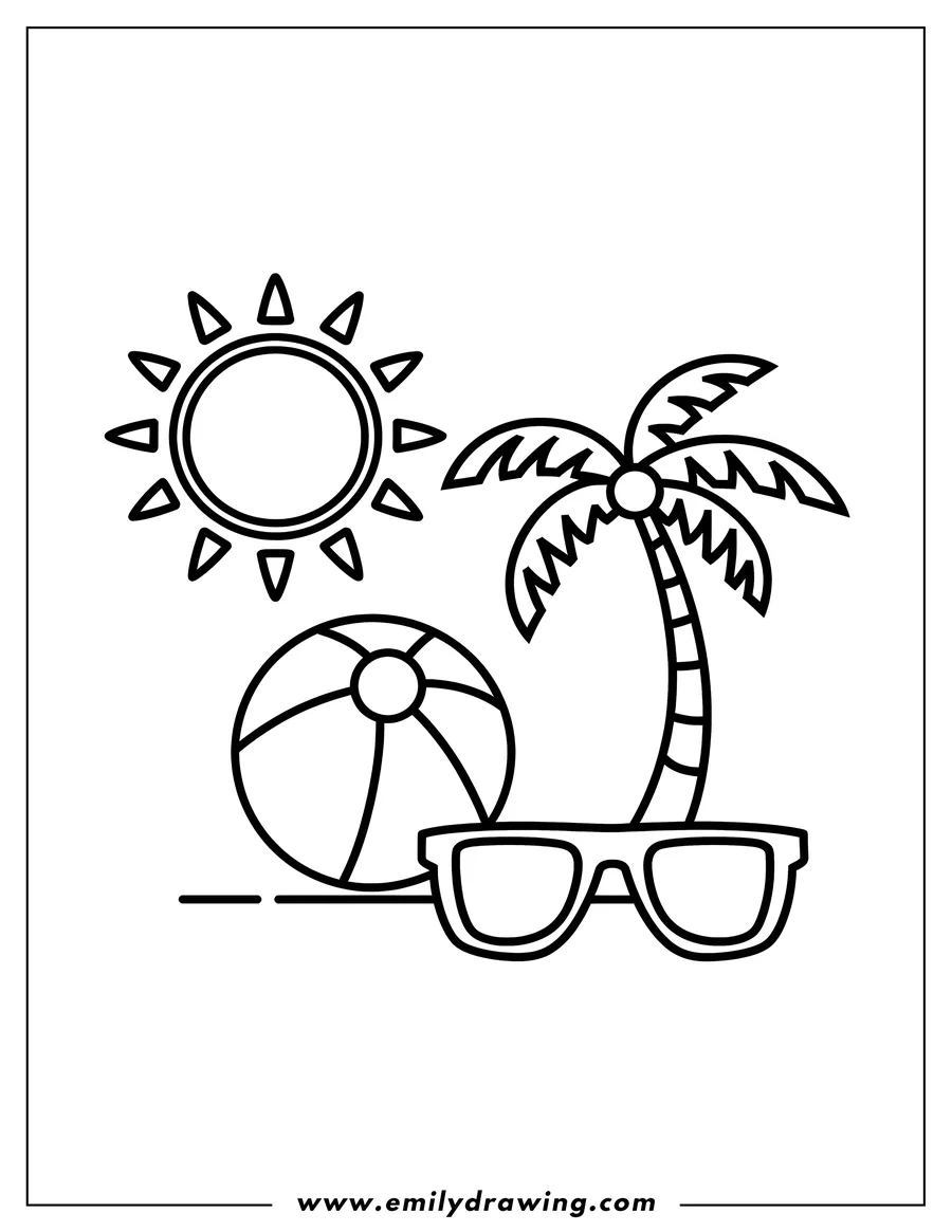 Outline of a beach scene with a beach ball, sunglasses, and a palm tree under a shining sun.
