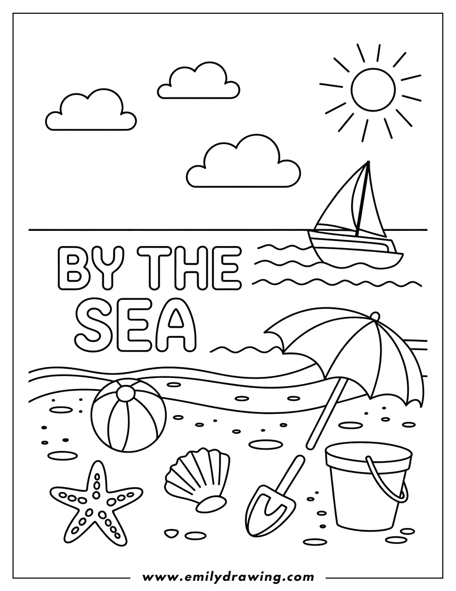 Outline of beach scene with beach ball, umbrella, pail, shovel, seashell, starfish, sailboat on water with sun and clouds.