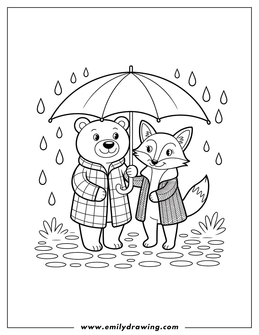Outline of a bear and fox standing together, holding an umbrella in the rain. They're wearing patterned coats and the ground has puddles.