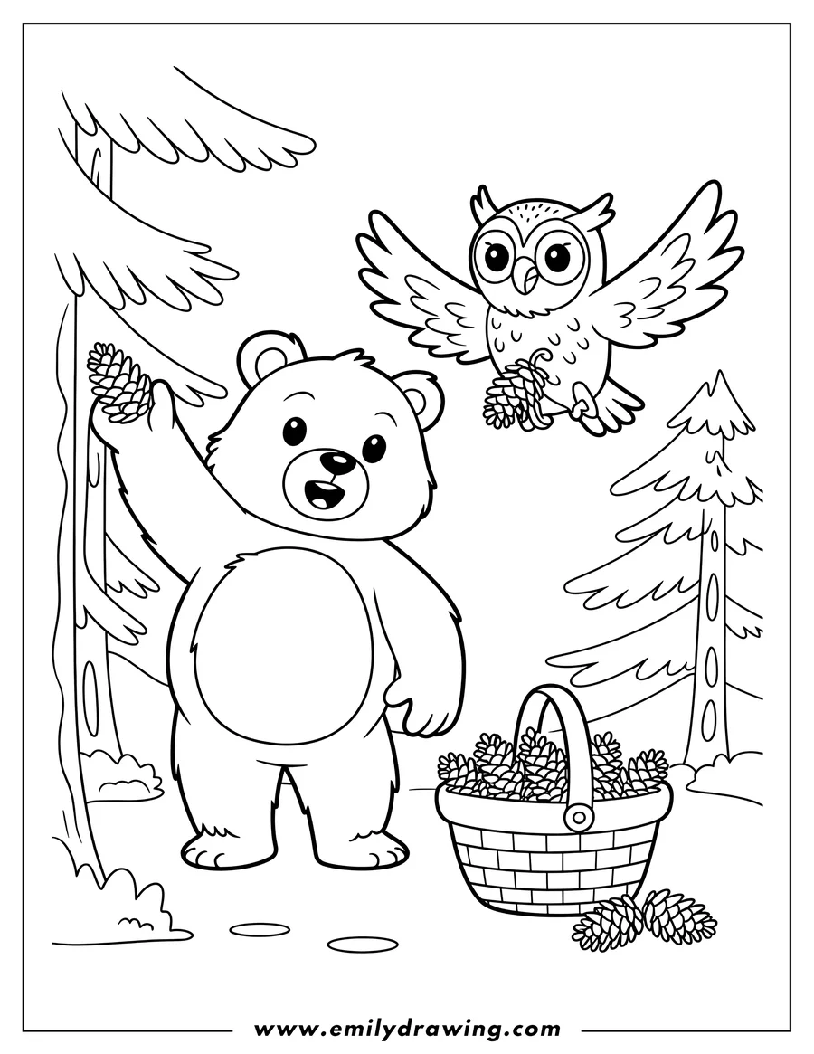 Line art of a bear reaching for a pine cone from a tree, an owl flying with a pine cone in its claws, and a basket full of pine cones on the ground.