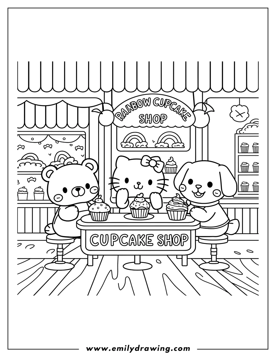 Outline of a bear, cat, and dog sitting at a table with cupcakes in a cupcake shop. The shop's sign reads 'Rainbow Cupcake Shop'.