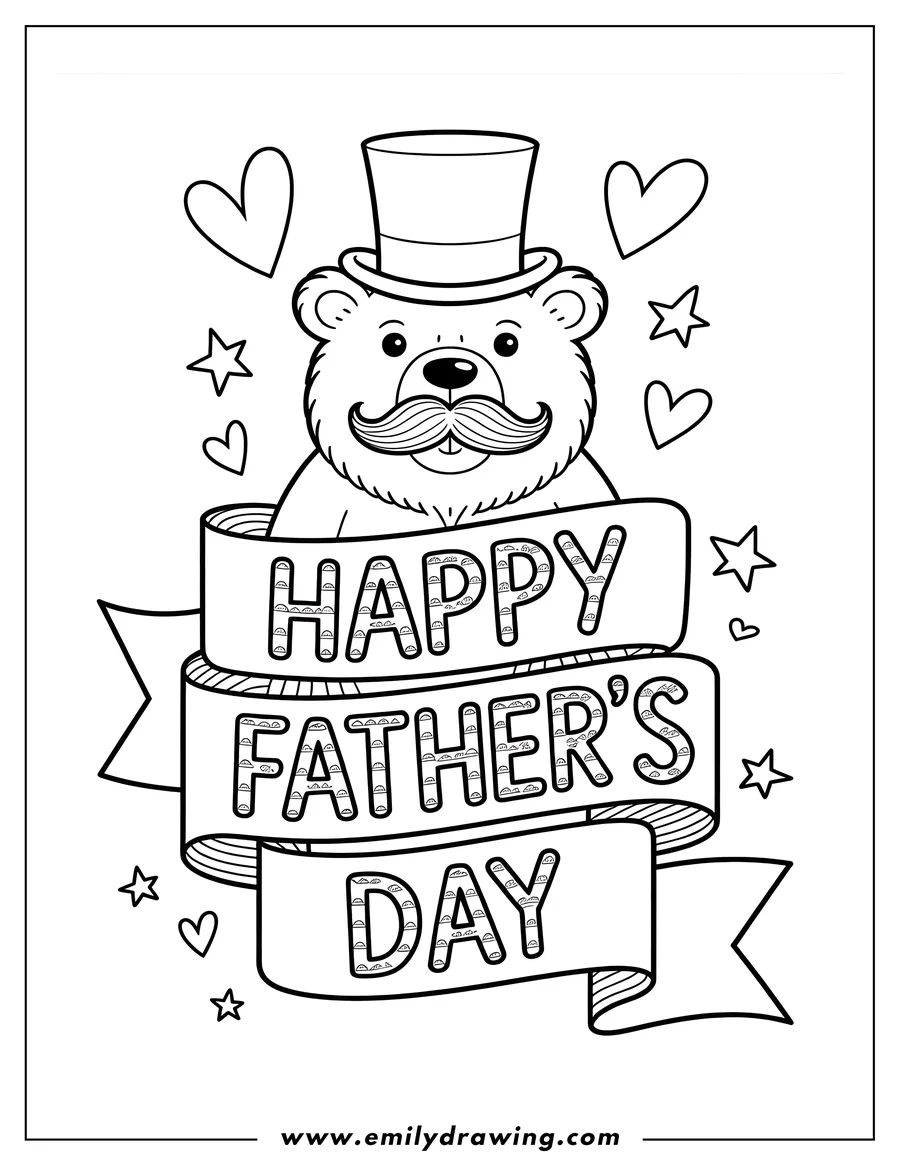 Outline of a bear wearing a top hat and holding a banner that says