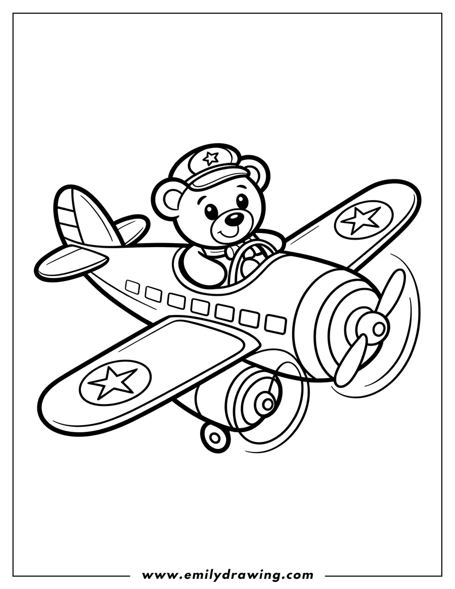 Outline of a bear wearing a pilot's hat and flying a plane.