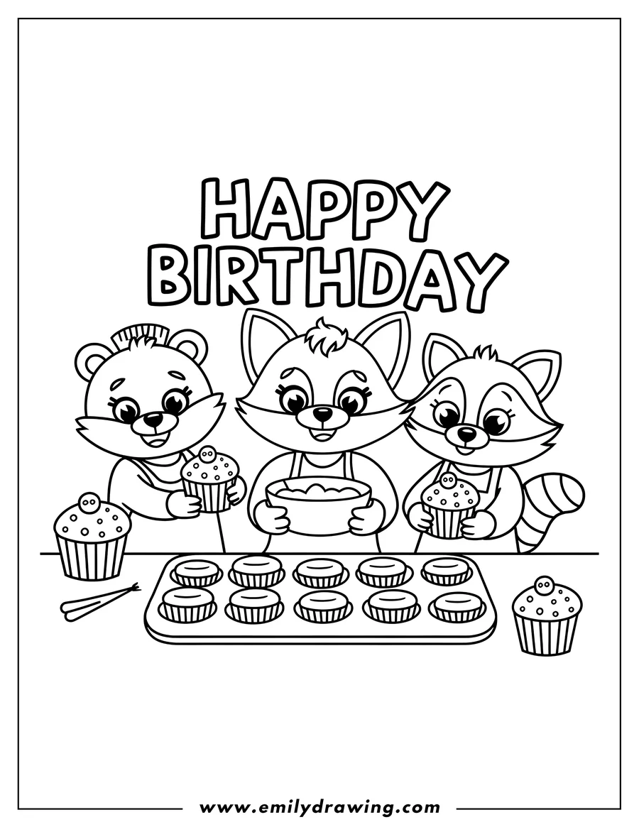 Line art of a bear, a fox, and a raccoon baking cupcakes. They are wearing aprons and look happy. There is a tray of cupcakes and finished cupcakes nearby. Happy Birthday is written at the top.