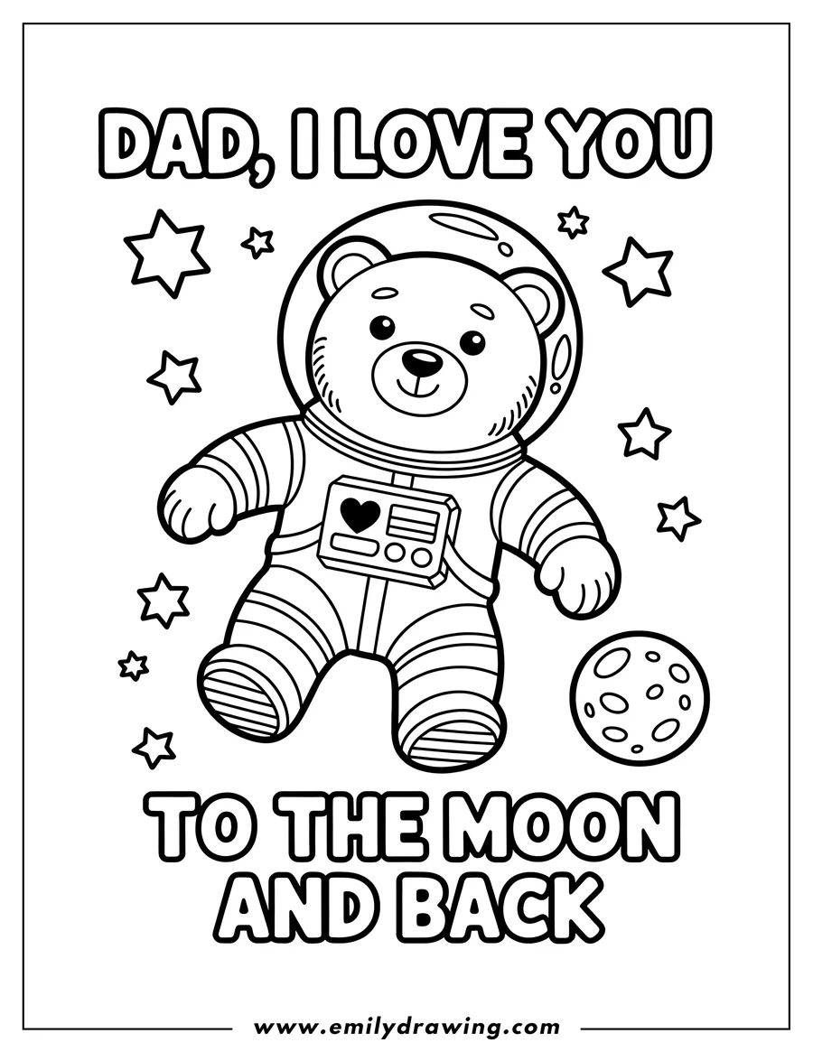 Outline of a bear wearing a spacesuit, floating near the moon with stars around it. The words