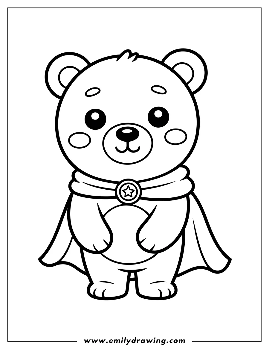 Outline of a bear wearing a superhero cape with a star badge.