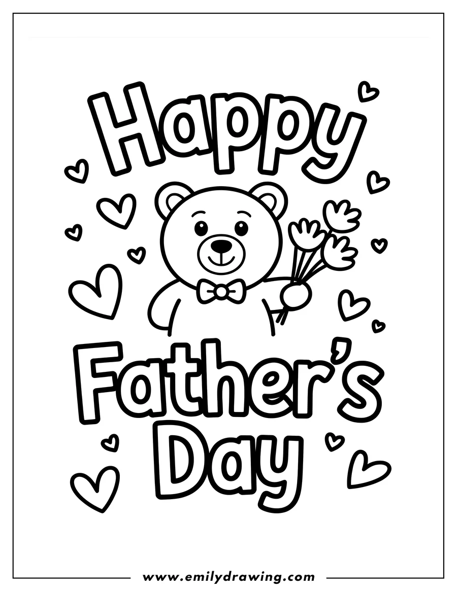 Line art of a bear holding flowers with Happy Father's Day written above. The bear has a bow tie and is surrounded by hearts.