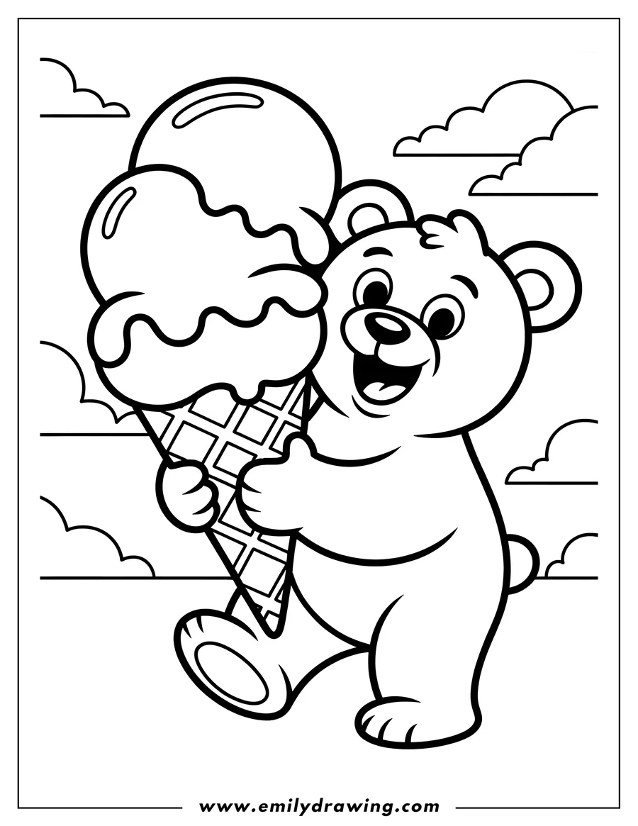 Line art of a cheerful bear holding a large ice cream cone.