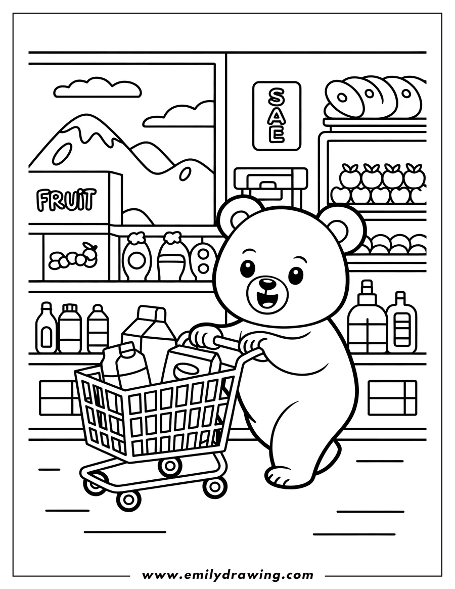 Line art of a bear pushing a shopping cart full of groceries in a store. Various food items are visible on shelves.