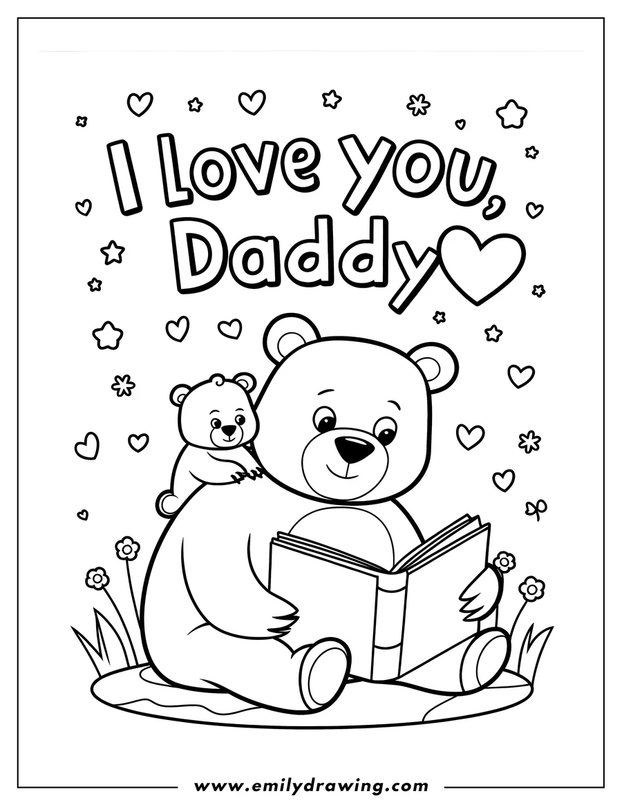Outline of two bears, one large and one small, reading a book together in a field of flowers. The words 'I love you, Daddy' appear above them.