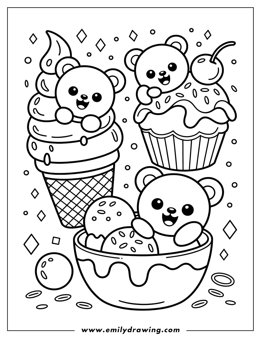 Line art of three bears enjoying ice cream treats. One is in an ice cream cone, another with a cupcake, and the last in a bowl of ice cream.