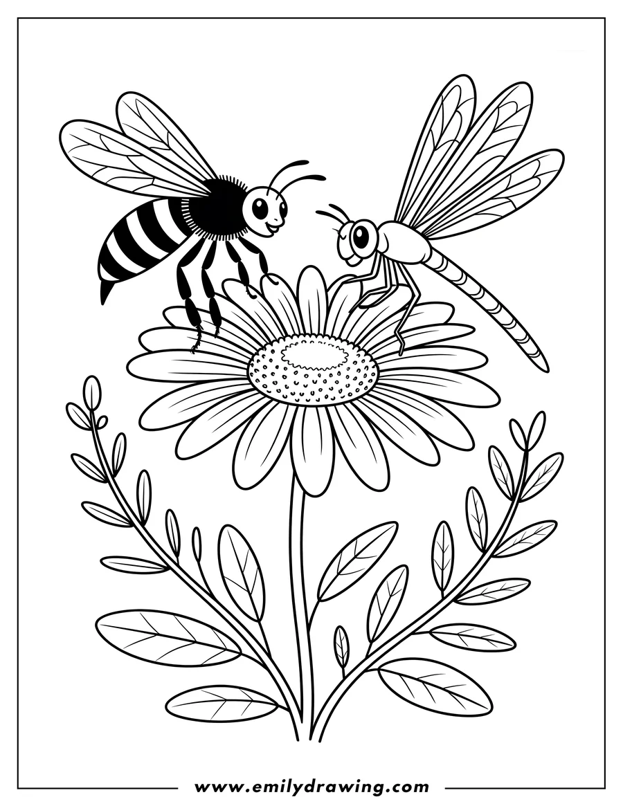 Line art of a bee and a dragonfly perched on a daisy flower. Simple nature scene for coloring.