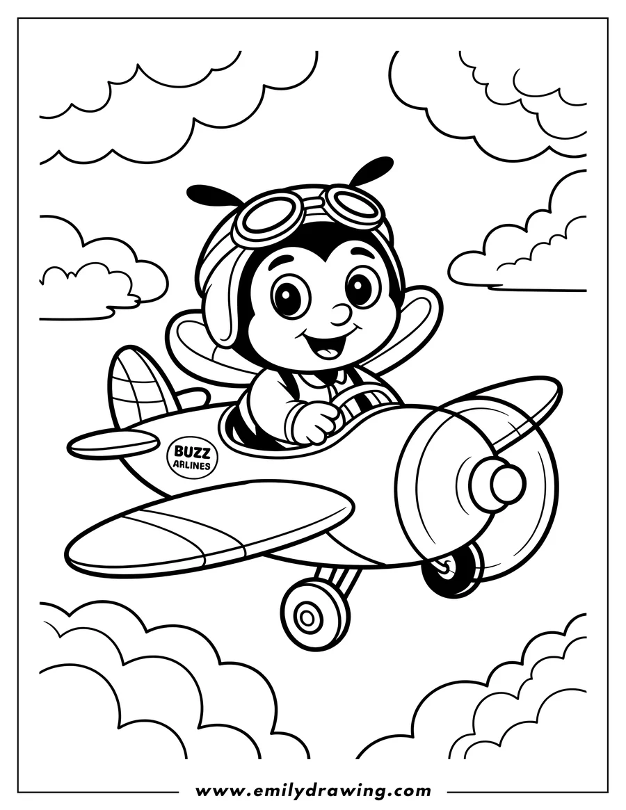 Line art of a smiling bee wearing a pilot's cap and goggles, flying a small plane above the clouds.