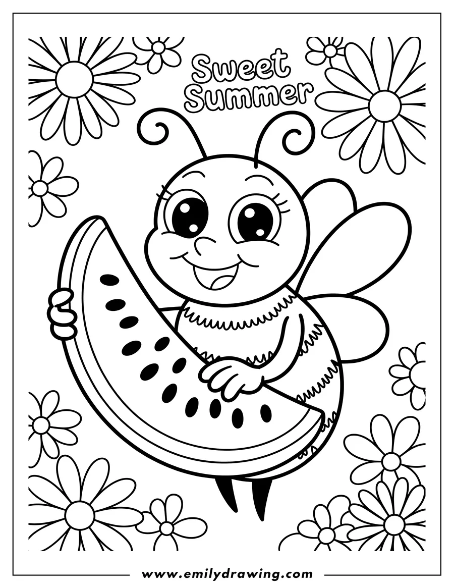 Outline of a smiling bee holding a large slice of watermelon, surrounded by flowers.