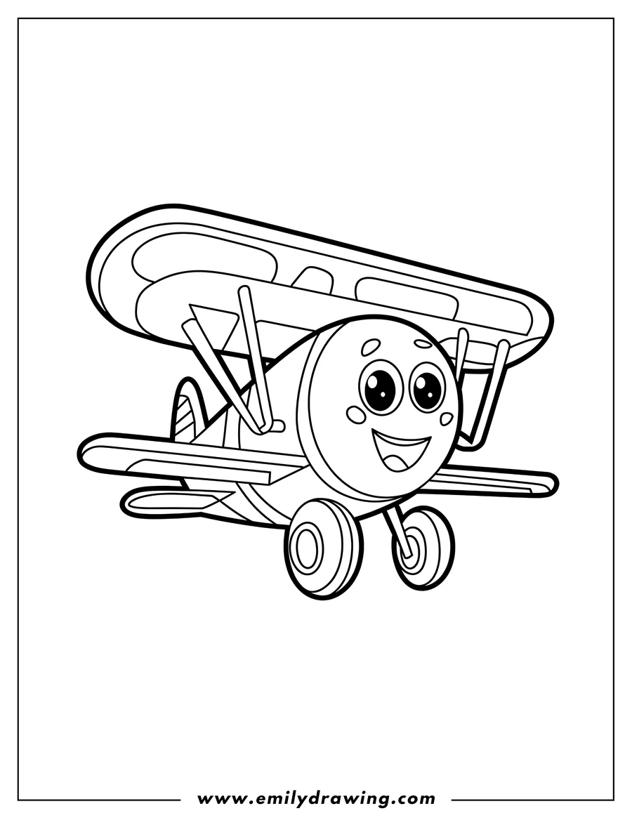 Line art of a smiling biplane with two sets of wings and large wheels.