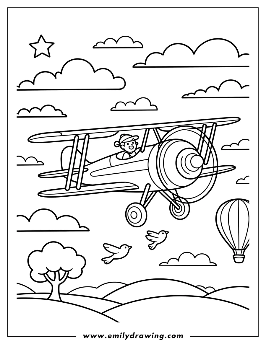 Line drawing of a biplane with a pilot, soaring through a sky filled with fluffy clouds, birds, a star, and a hot air balloon. A simple landscape with a tree and rolling hills can be seen below.