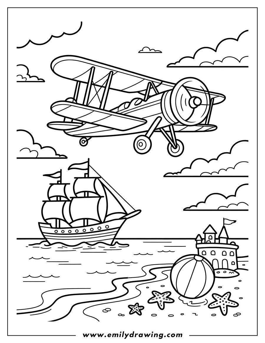 Outline of a biplane flying above a sailboat on the water near a beach with a sandcastle, beach ball, and starfish.