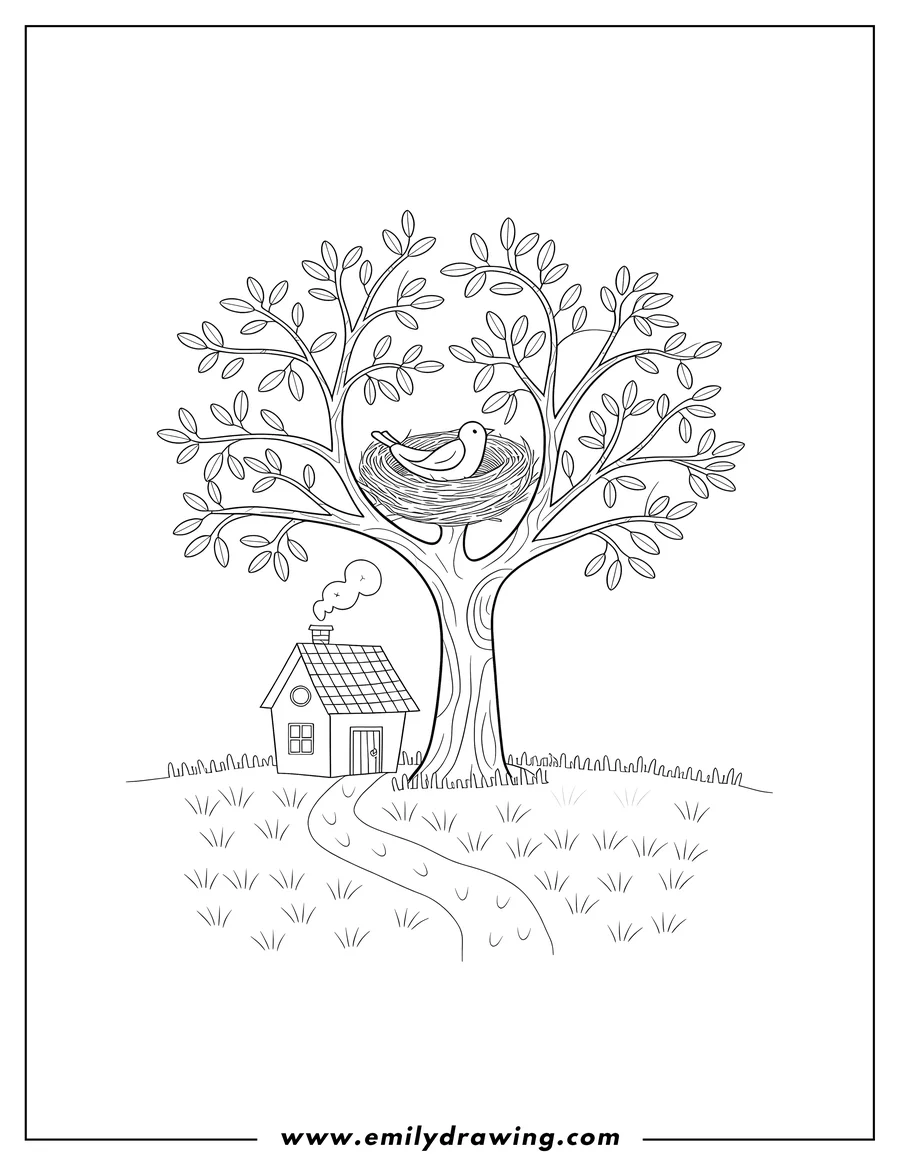 Outline of a bird sitting in a nest in a tree. A small house with smoke coming from its chimney stands near the tree, with a path leading to it.