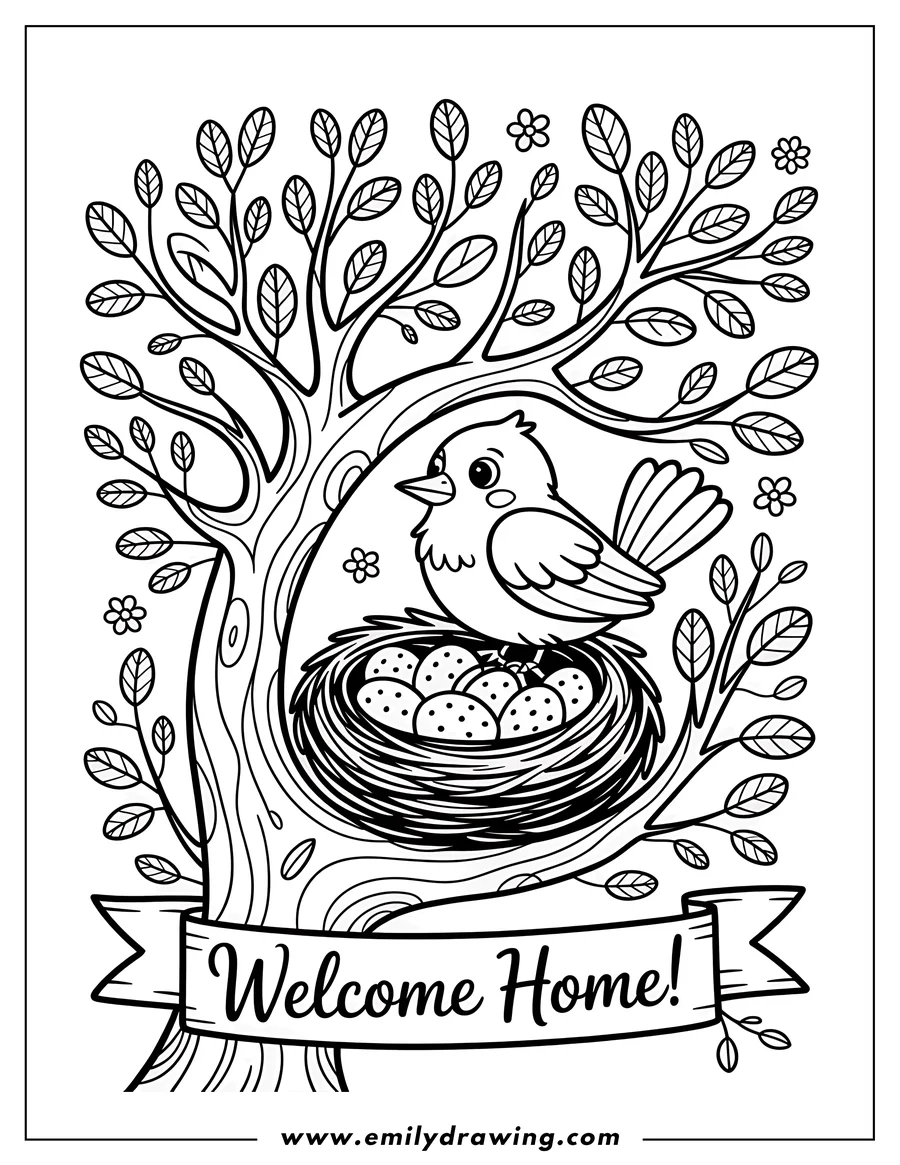 Outline of a bird sitting in a nest with eggs in a leafy tree. A banner below the nest reads 'Welcome Home'.