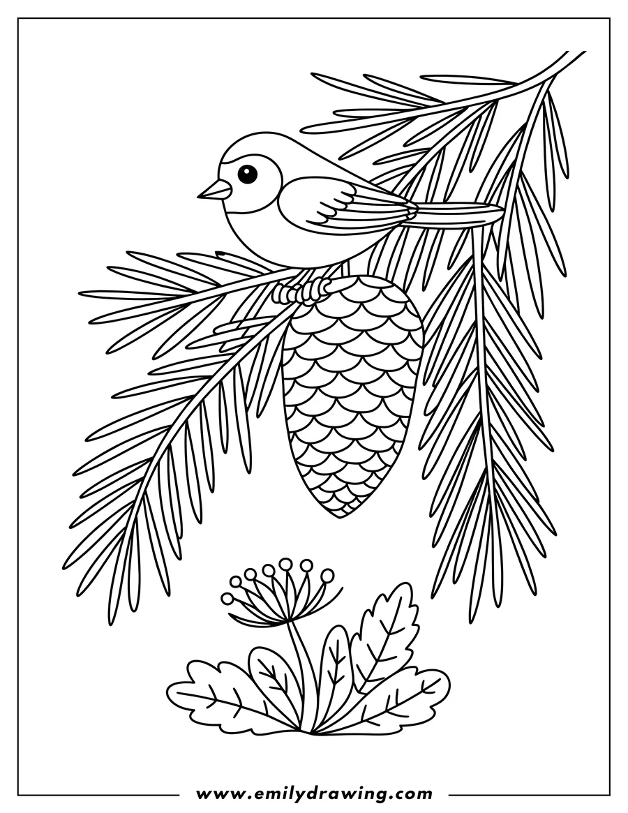 Line art of a bird perched on a pine branch near a pine cone, with leaves and berries below.