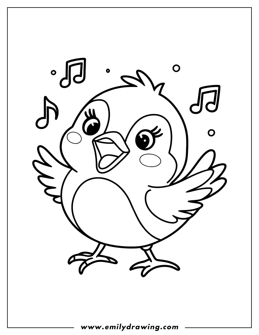 Outline of a small bird singing a song with musical notes around it.