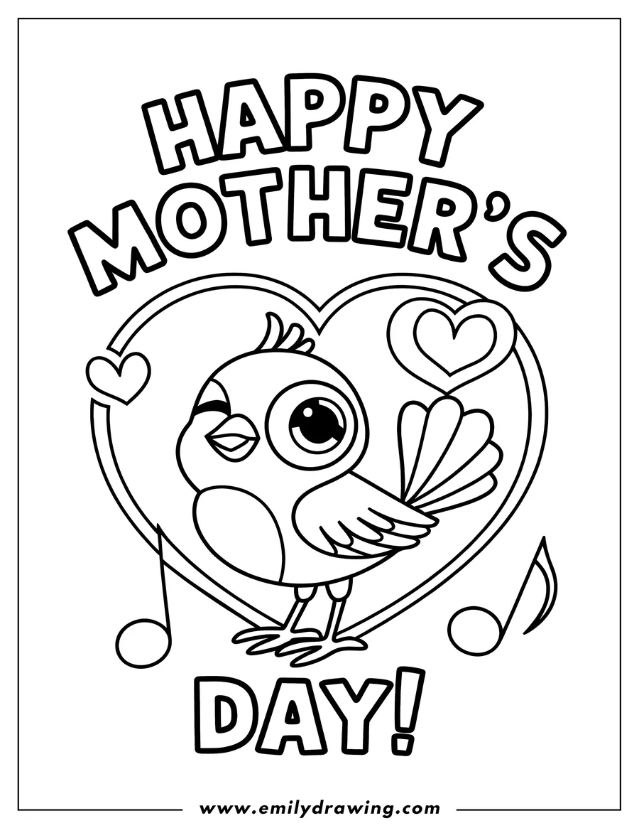 Line art of a bird singing inside a heart for Mother's Day. Musical notes and small hearts float around the main heart shape.