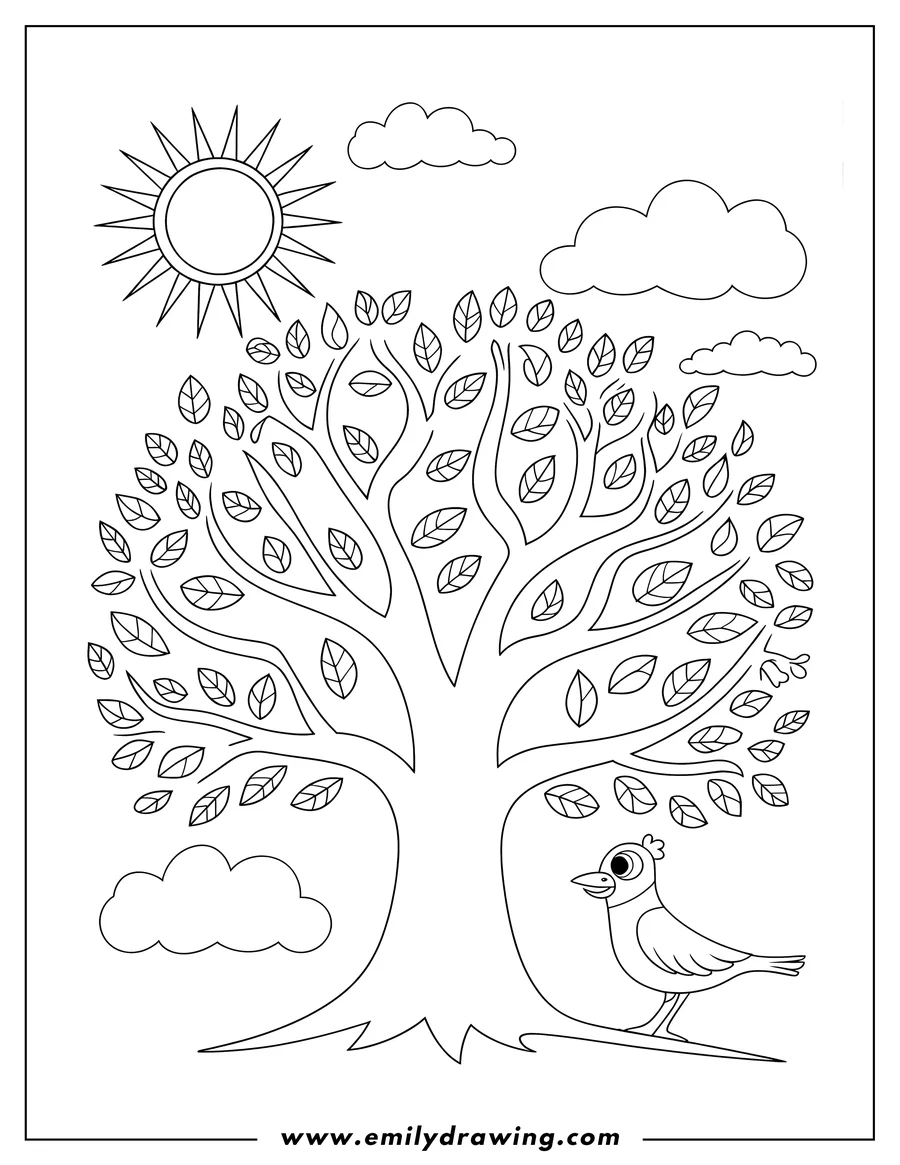 Outline of a bird standing beneath a leafy tree, with a sun and clouds in the background.