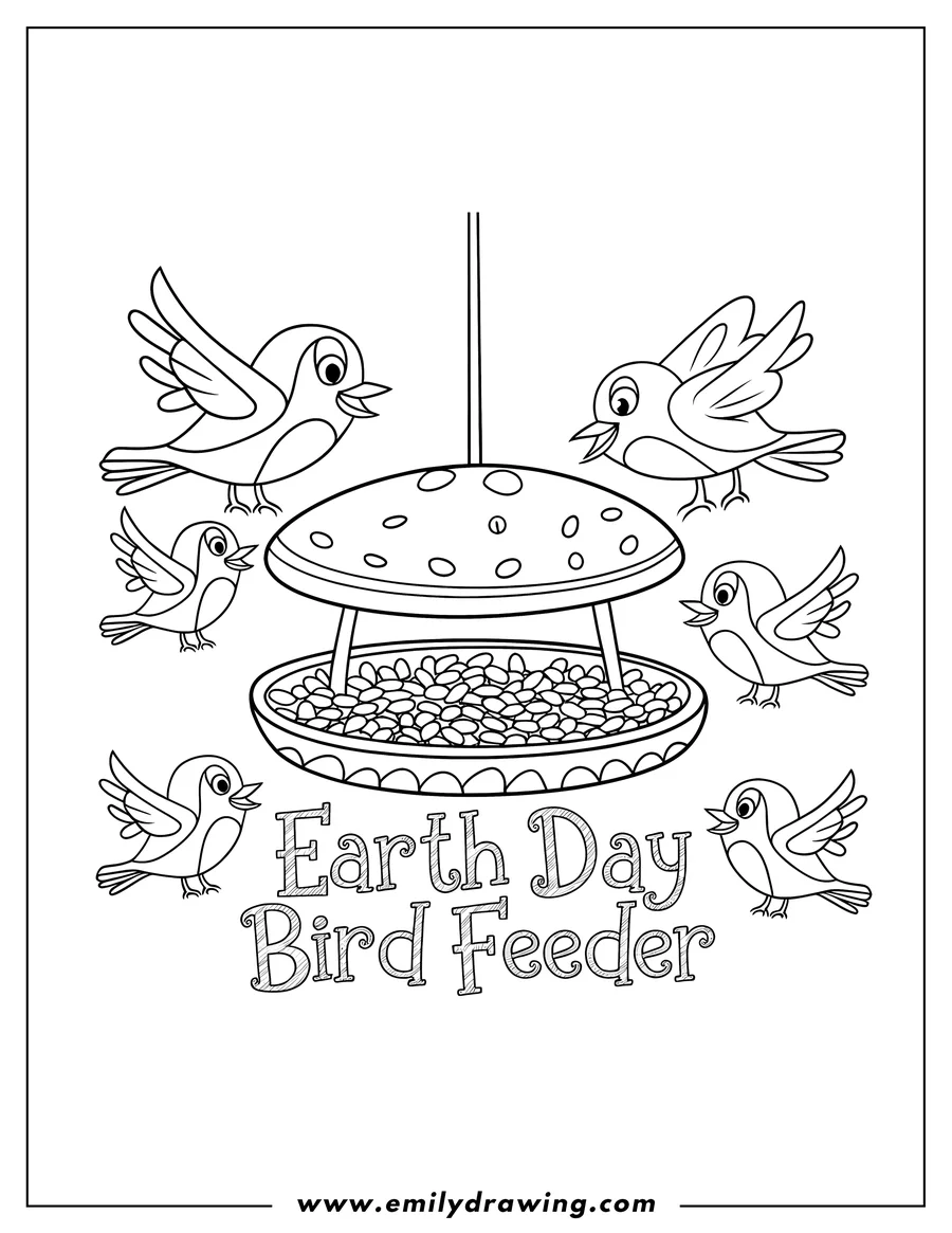 Outline of several birds surrounding a bird feeder filled with seeds. The words 'Earth Day Bird Feeder' appear below.