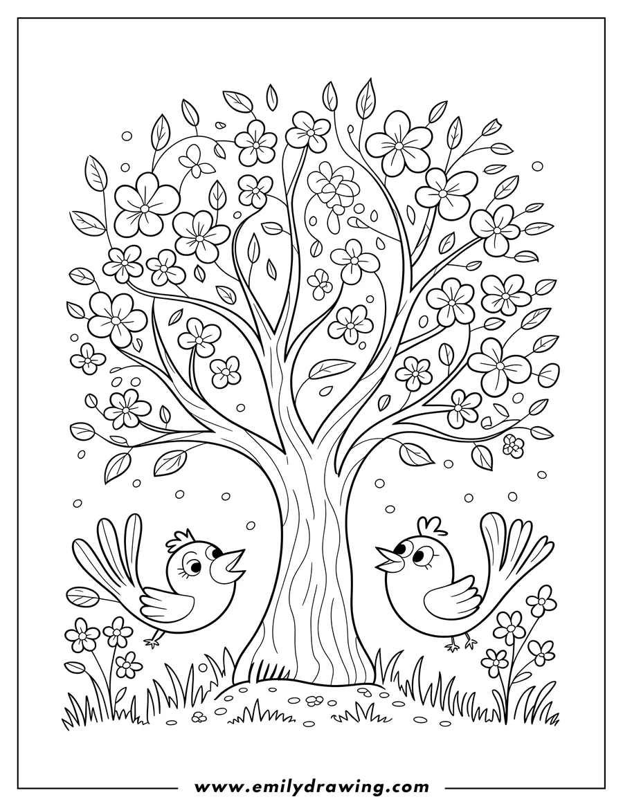 Two birds singing beneath a flowering tree in a grassy field.