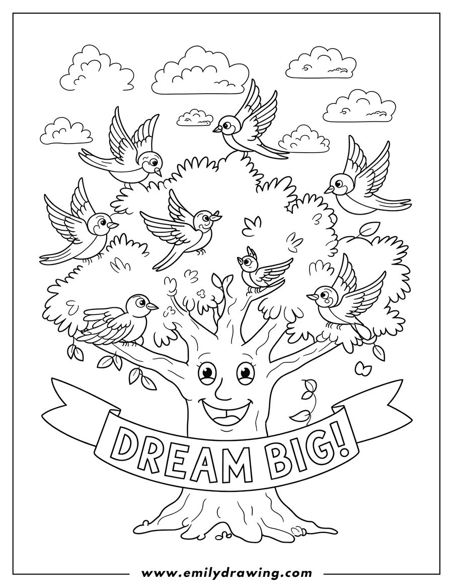 Line art of a cheerful tree with several birds perched on its branches and flying around it. A banner across the tree trunk reads