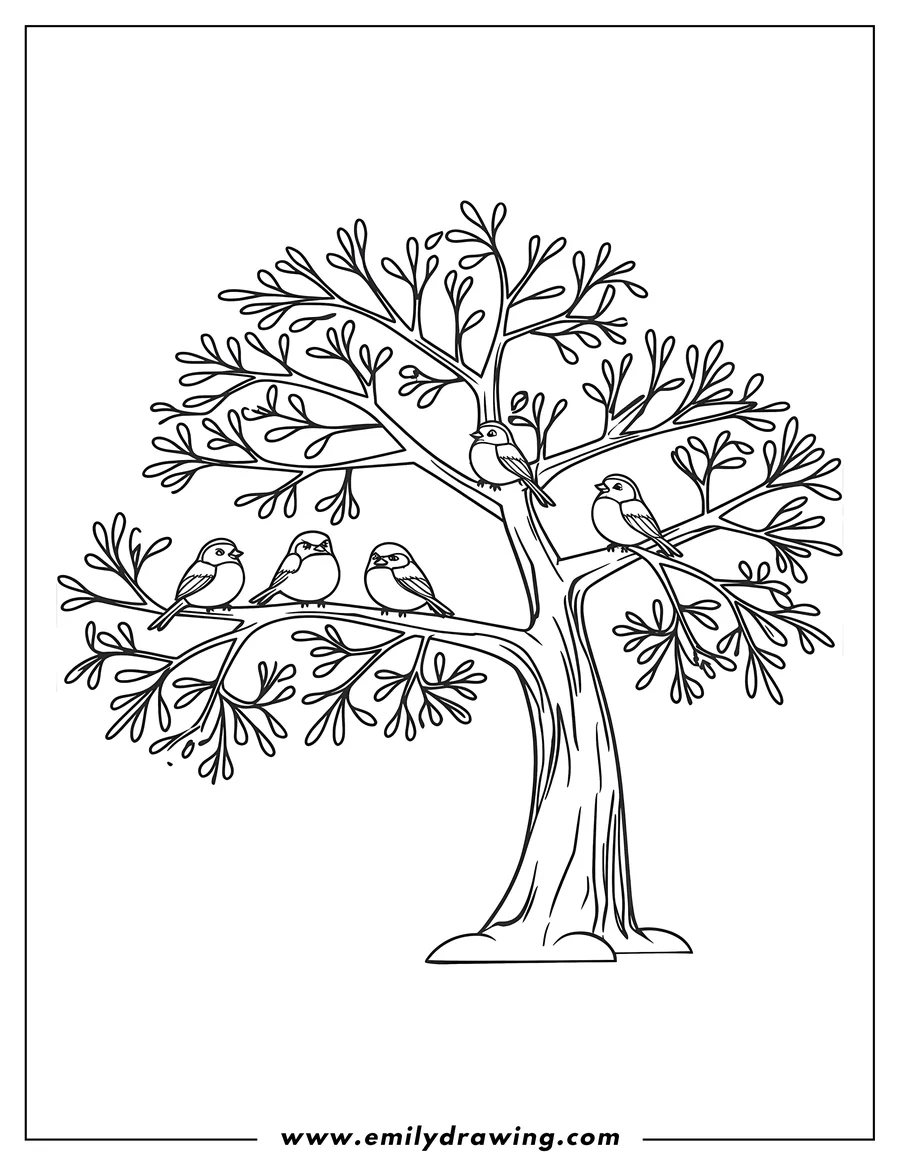 Outline of five small birds perched on the branches of a tree.