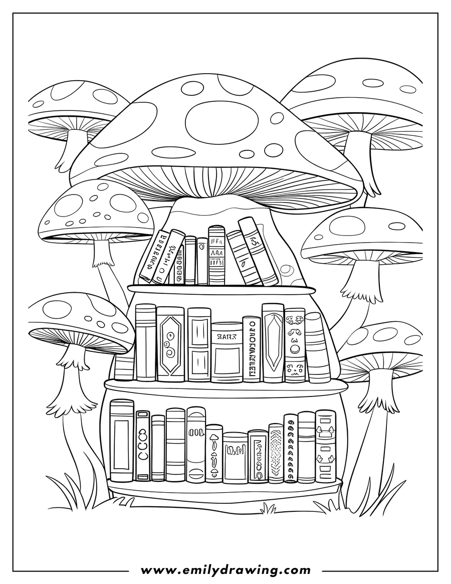 Line art of a bookshelf surrounded by large mushrooms. The shelves are filled with various books, creating a whimsical scene.