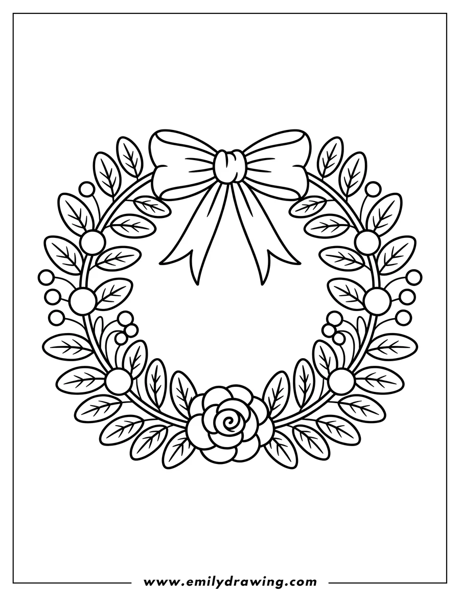 Outline of a wreath with a bow at the top and a flower at the bottom. The wreath is decorated with leaves and berries.